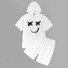 Romwe Guys Graffiti Face Drawstring Hoodie & Plain Shorts Set