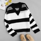 Romwe Plus Ripped Striped V-neck Sweater