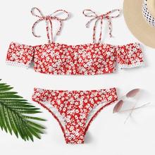 Romwe Floral Self Tie Top With Low Rise Bikini