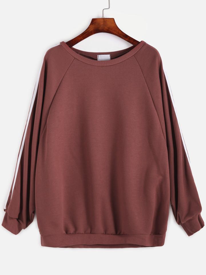 Romwe Brick Red Raglan Sleeve Striped Trim Sweatshirt