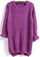 Romwe Dipped Hem Loose Knit Purple Sweater