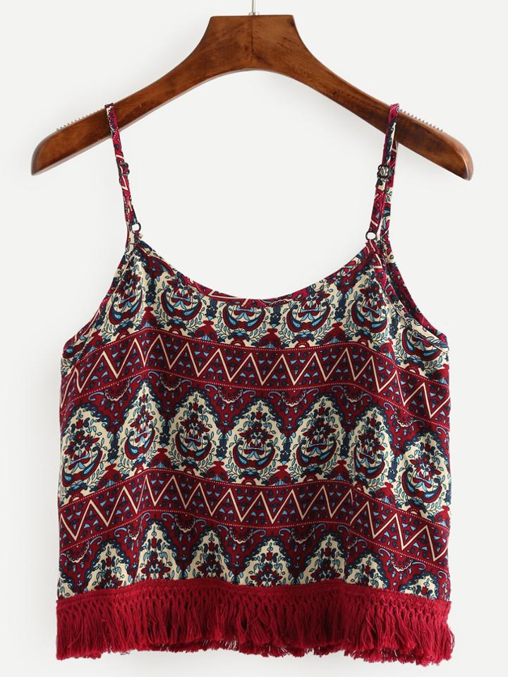Romwe Burgundy Tribal Print Macrame Fringe Cami Top