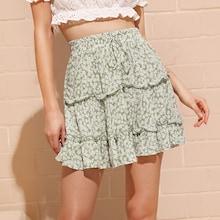 Romwe Calico Print Drawstring Waist Tiered Skirt