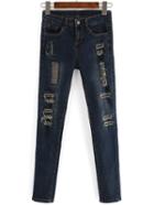 Romwe Ripped Denim Women Blue Pant