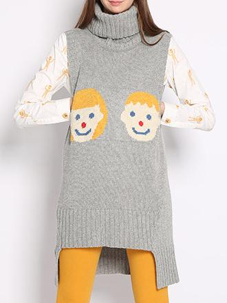 Romwe Turtleneck High Low Cartoon Print Vest Sweater