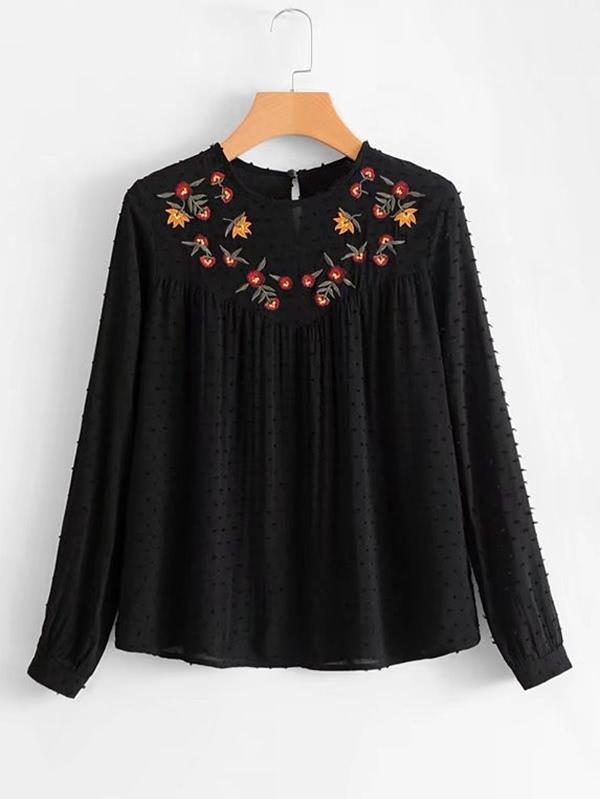 Romwe Textured Dot Embroidered Blouse