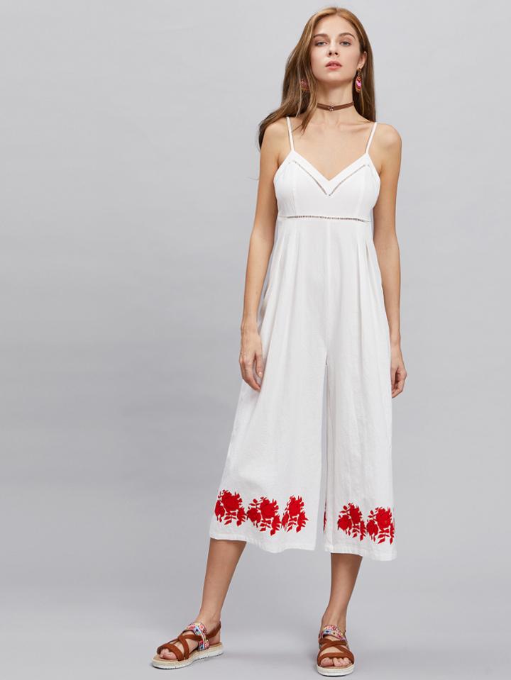 Romwe Lace Insert Flower Print Pleated Palazzo Jumpsuit