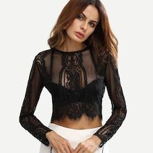 Romwe Eyelash Lace Zipper Back Sheer Crop Top