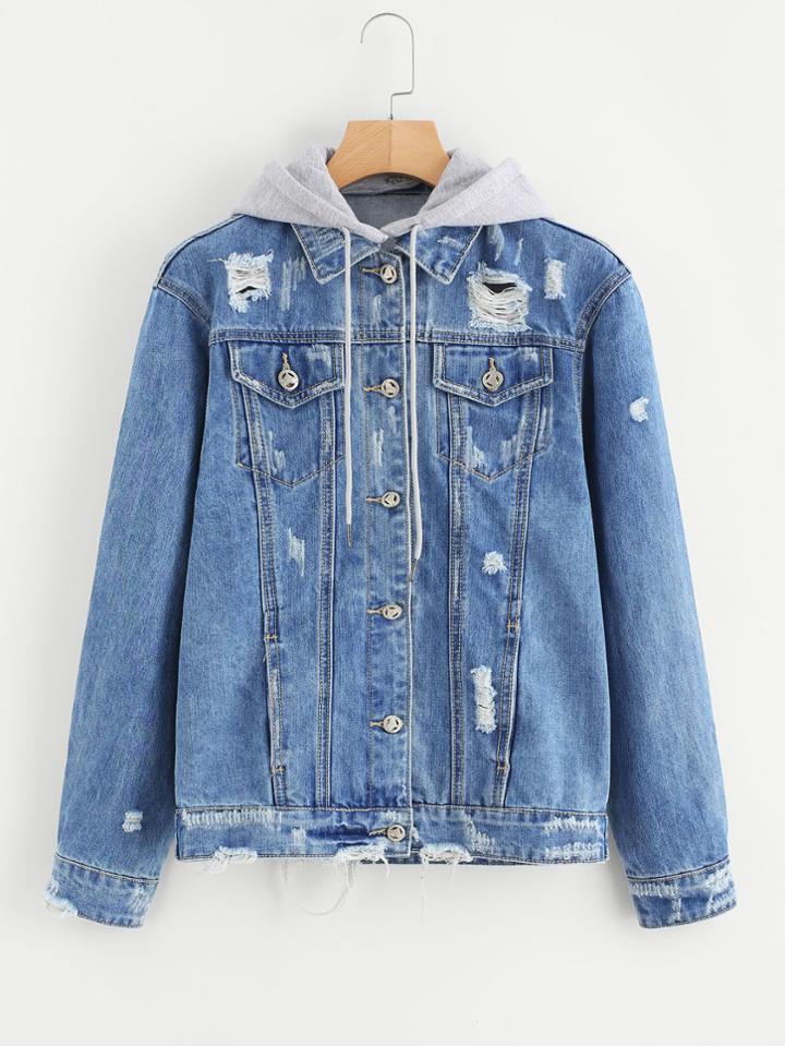 Romwe Ripped Detachable Hooded Denim Jacket