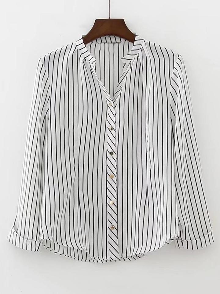 Romwe Contrast Striped Rolled Cuff Blouse