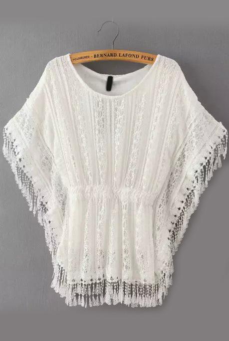 Romwe Bat Sleeve Tassel Lace White Top