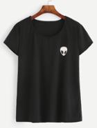 Romwe Black Alien Print T-shirt