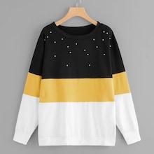 Romwe Plus Pearl Beaded Color Block Sweatshirt