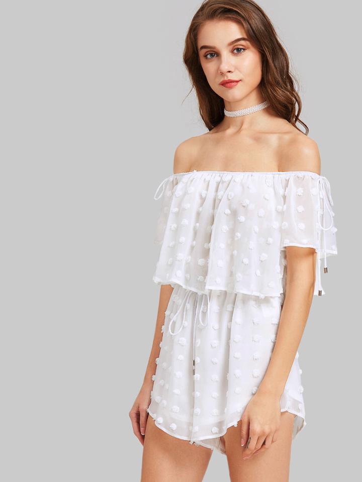 Romwe Dot Jacquard Two Layer Self Tie Bardot Playsuit