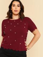 Romwe Pearl Beading Scalloped Textured Top