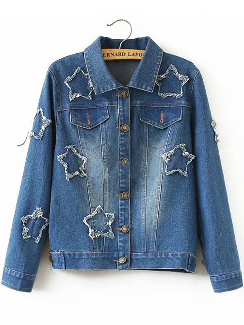 Romwe Lapel Stars Patch Frayed Pockets Denim Coat