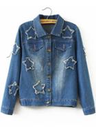 Romwe Lapel Stars Patch Frayed Pockets Denim Coat