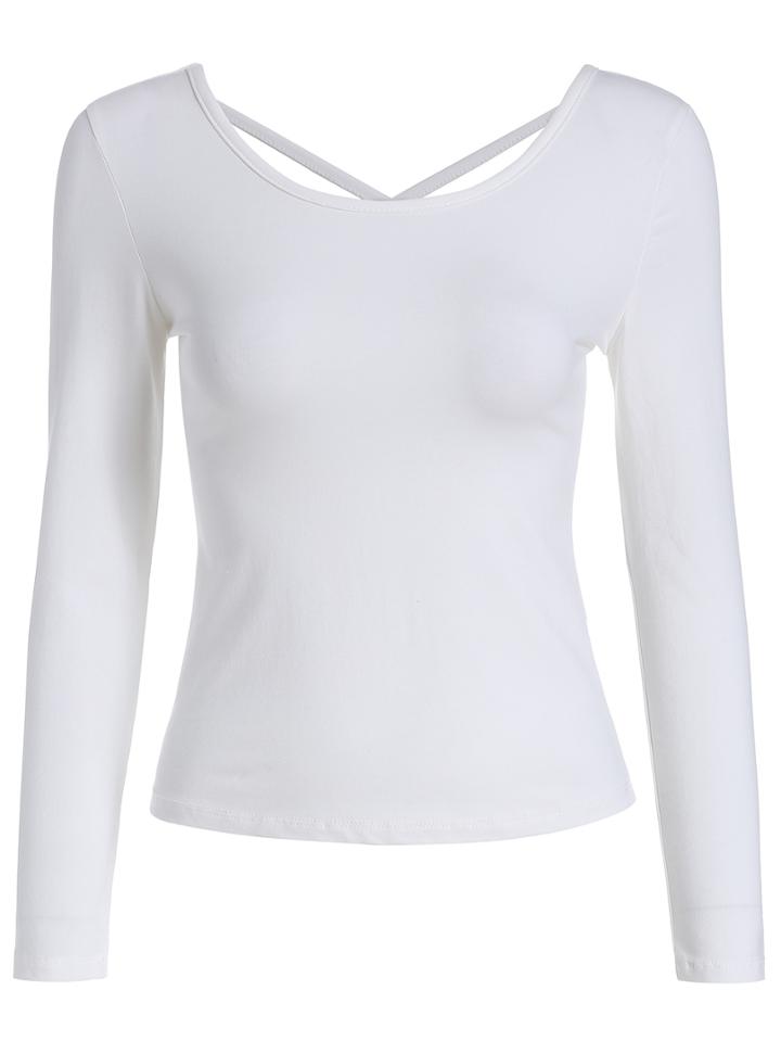 Romwe Long Sleeve Crisscross Back White T-shirt