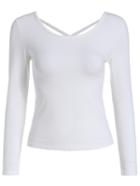 Romwe Long Sleeve Crisscross Back White T-shirt