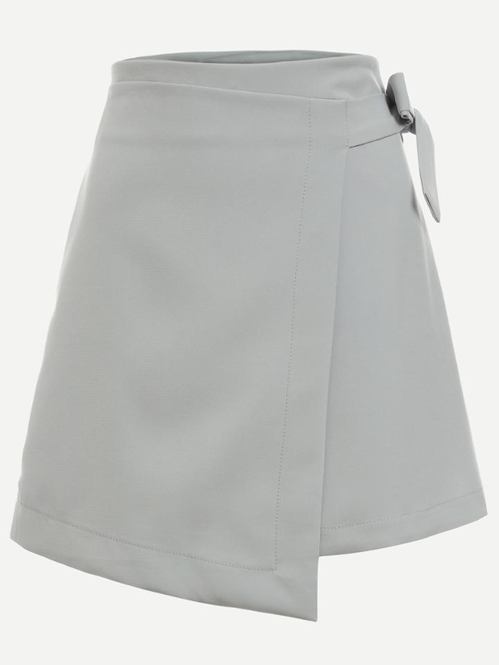 Romwe Grey Bow Tie Wrap Skirt