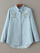 Romwe Blue Flower Embroidered Dip Hem Blouse With Buttons