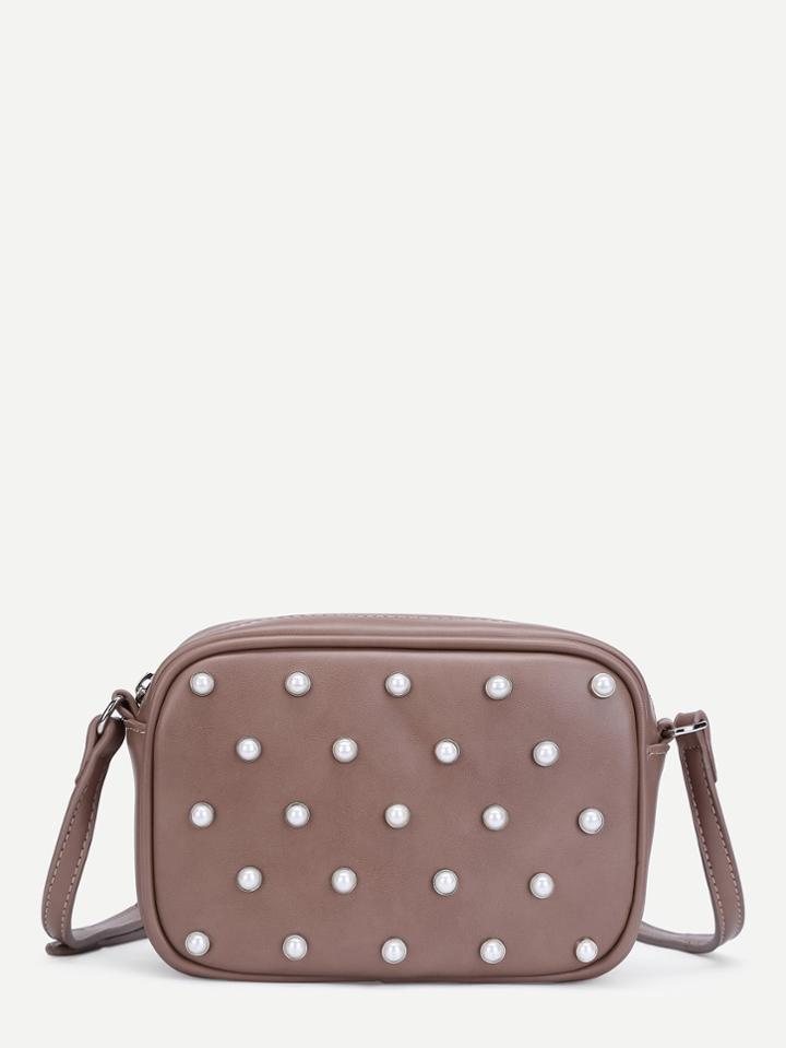 Romwe Faux Pearl Detail Pu Crossbody Bag