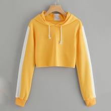 Romwe Drawstring Colorblock Crop Hooded Sweatshirt