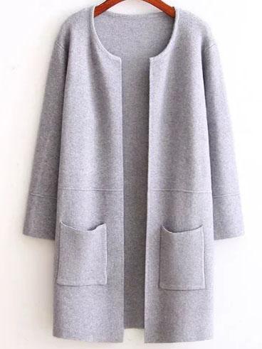 Romwe Grey Collarless Longline Cardigan With Pockets