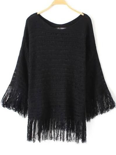 Romwe With Tassel Bat Black Sweater