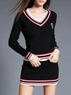 Romwe Black V Neck Striped Knit Top With Skirt