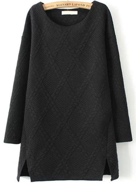Romwe Black Round Neck Long Sleeve Pattern Split Dress