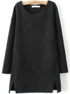 Romwe Black Round Neck Long Sleeve Pattern Split Dress