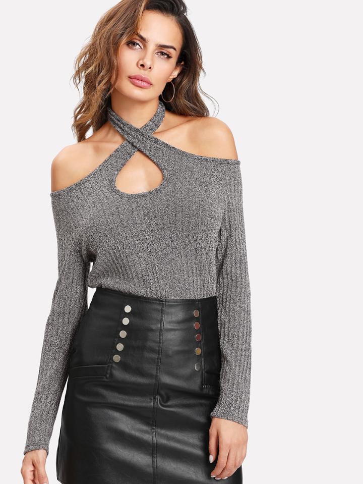 Romwe Ribbed Halter Tee