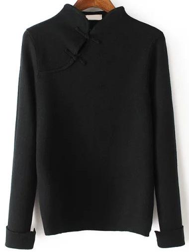 Romwe Chinese Style Buckle Black Knitwear