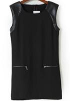 Romwe Black Contrast Pu Leather Zipper Pockets Dress