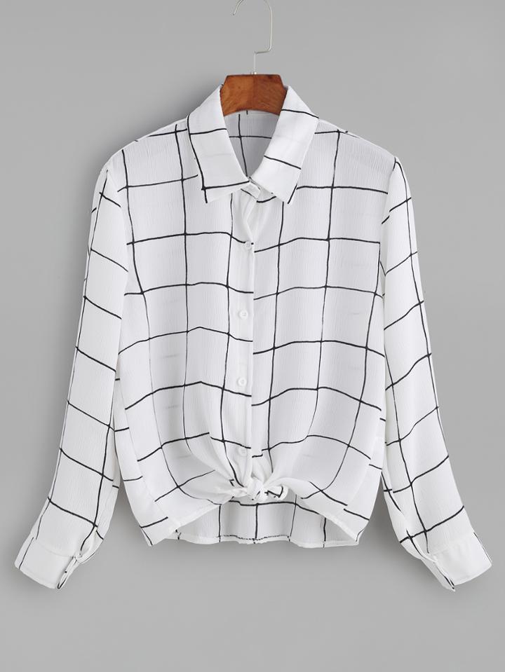 Romwe White Grid Knotted Button Blouse