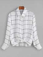 Romwe White Grid Knotted Button Blouse