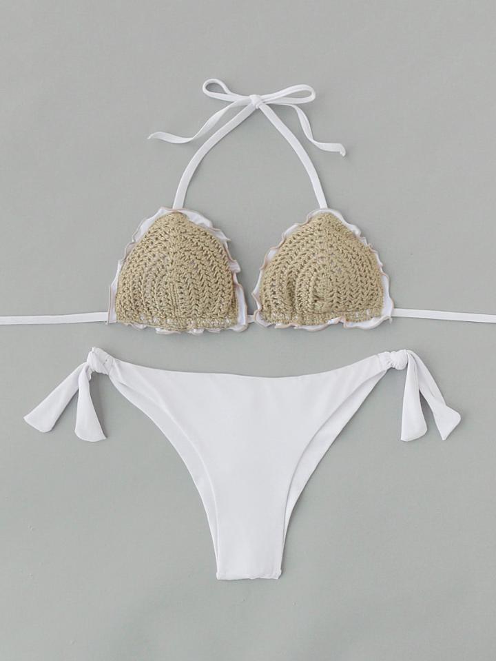 Romwe Crochet Detail Lettuce Edge Bikini Set
