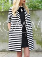 Romwe White Black Long Sleeve Lapel Striped Coat