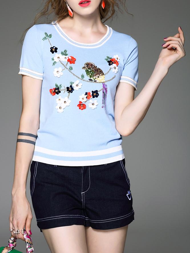 Romwe Blue Flowers Beading Sequined Striped Sweatshirt
