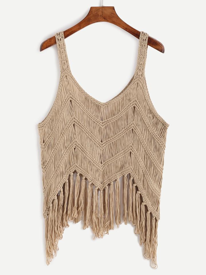 Romwe Beige Fringe Tassel Trim Macrame Knit Top