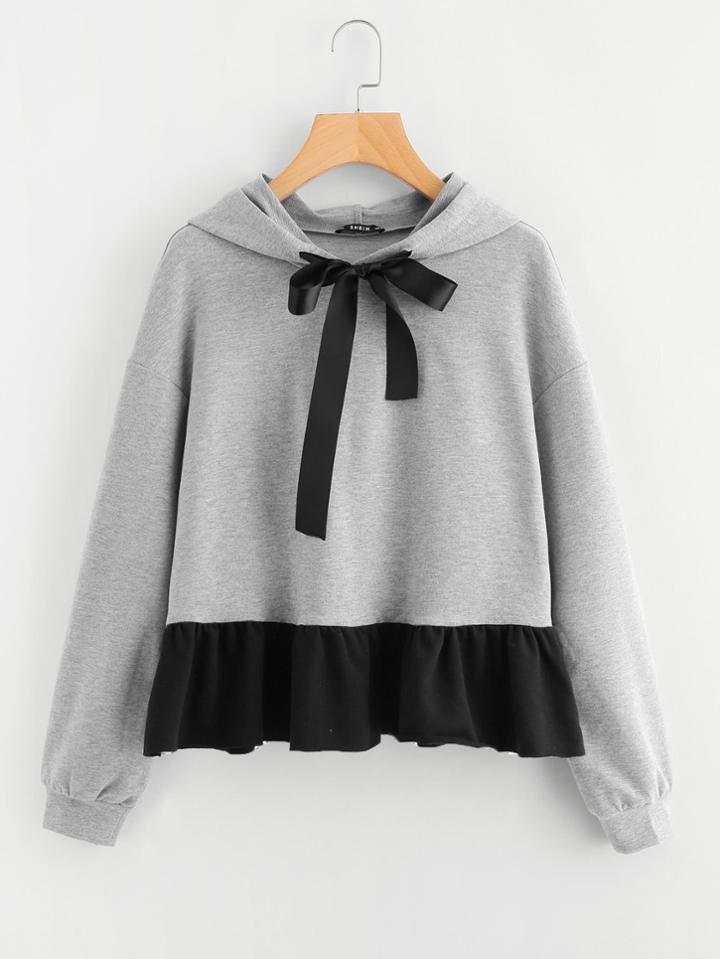 Romwe Contrast Ruffle Hem Heather Knit Hoodie