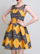 Romwe Sleeveless Mesh Insert Vintage Print Yellow Dress