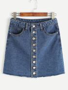 Romwe Blue Single Breasted Raw Hem Denim Skirt