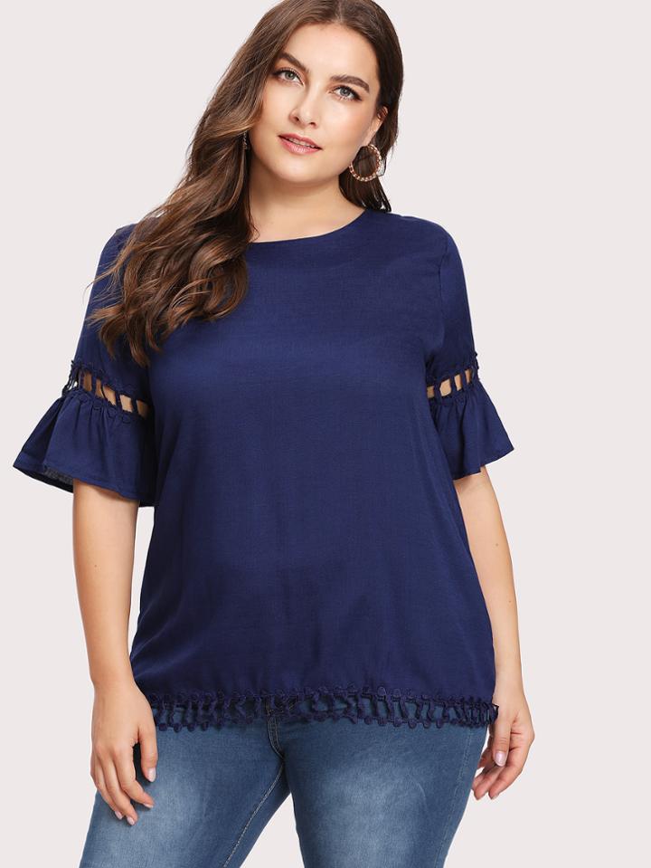 Romwe Crochet Panel Flounce Sleeve Blouse