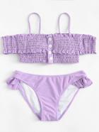 Romwe Shirred Ruffle Bardot Bikini Set