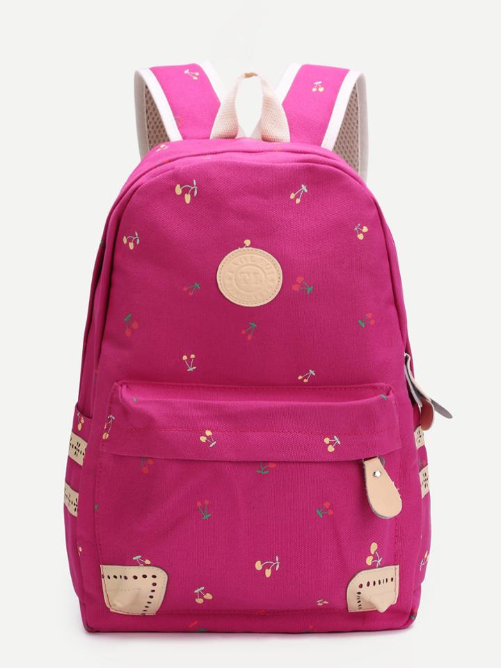 Romwe Hot Pink Cherry Front Zipper Canvas Backpack