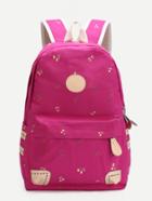 Romwe Hot Pink Cherry Front Zipper Canvas Backpack