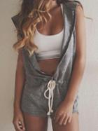 Romwe Grey Hooded Sleeveless Drawstring Zipper Jumpsuit