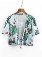 Romwe Leaves Print Knot Front Top